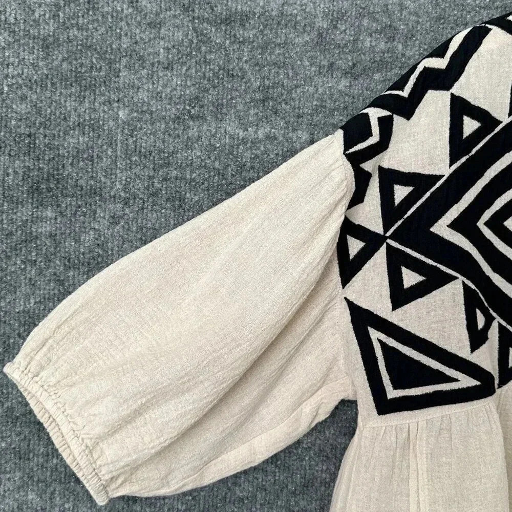 See And Be Seen Top Womens Small Cream Black Gauzy Geometric Peasant Boho Blouse - Picture 12 of 16